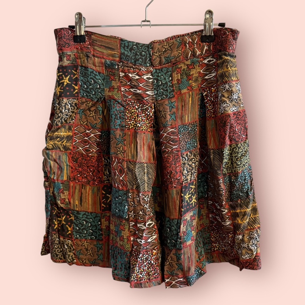 Vintage Patchwork Print Rayon Shorts Elastic Waist Boho Earth Tone